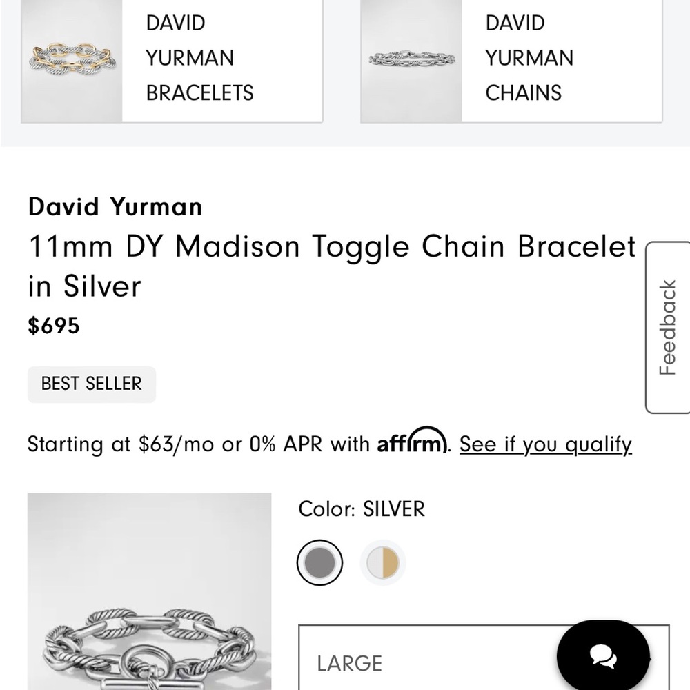 New, never worn David Yurman 11 mm DY Madison toggle bracelet NWT retail $695